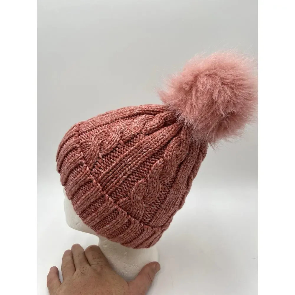 Time and Tru Pink Faux Fur Lined Knit Beanie Hat One Size Women’s Winter